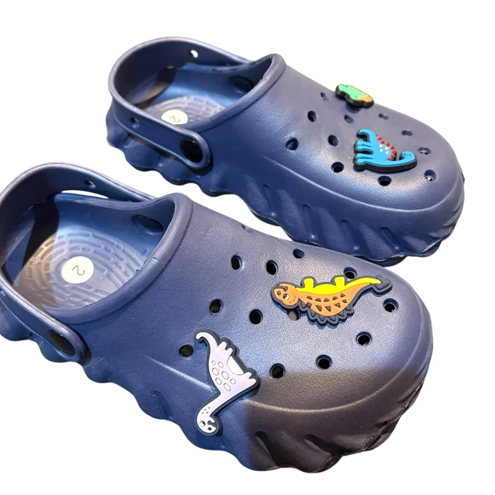 Children's Navy Clogs with Dinosaur Accents